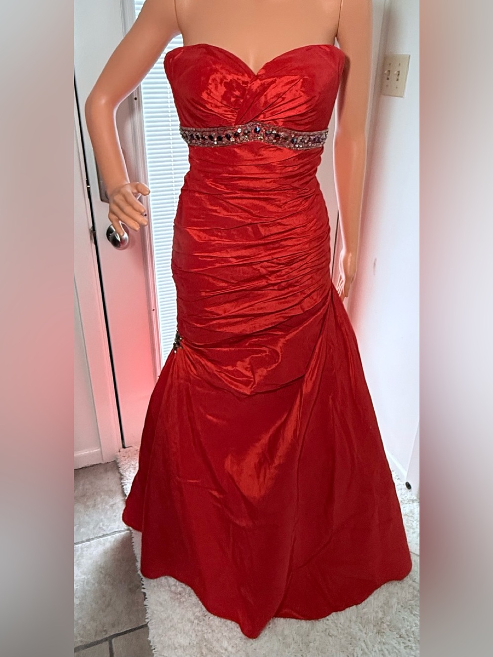 Night Moves Strapless Red Prom Gown with Jeweled Waist